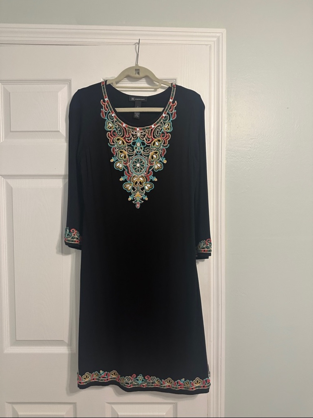 Embroidered Black Long Sleeve Shift Dress with Colorful Neck Detail